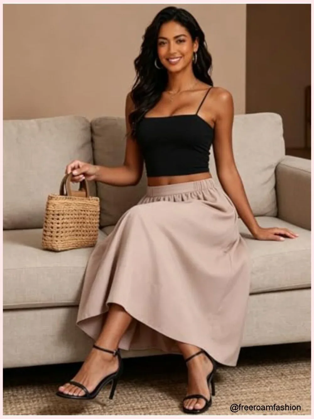 A-Line Midi Skirt Elastic High Waist Pleated Flowy Beach Long Skirt with Pocket